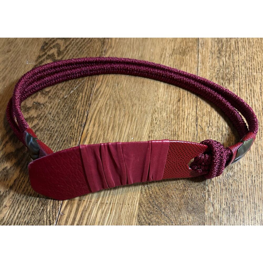 Vintage 80’s Leather Shop Statement Belt Red Leather Metal Elastic Sz M Artisan